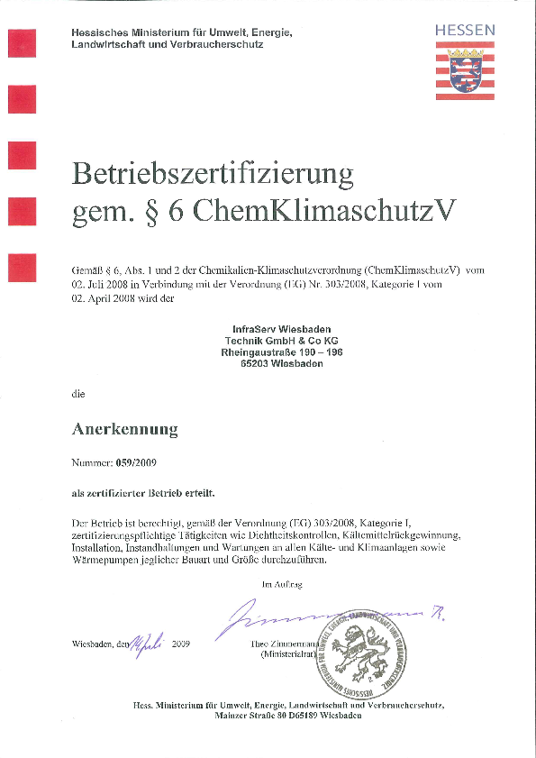 Bild eines Zertifikates. Es handelt sich um das Zertifikat § 6 ChemKlimaschutzV.