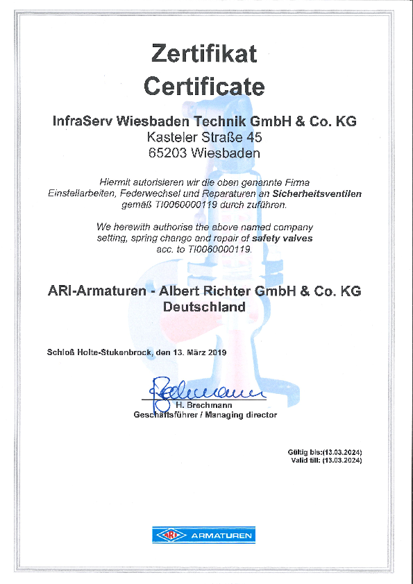 Bild eines Zertifikates. Es handelt sich um das Zertifikat von ARI Armaturen.